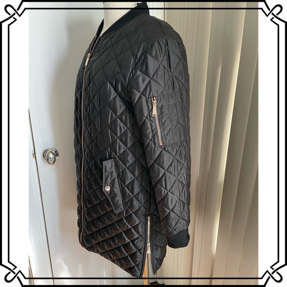 BCBG Generation Diamond Quilted Long Line Bomber Coat w knit collar & cuffs - Picture 2 of 9